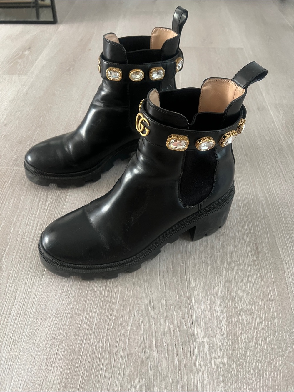 Gucci Black Leather Ankle Boots with Gold GG & Jeweled Strap - Picture 2 of 8